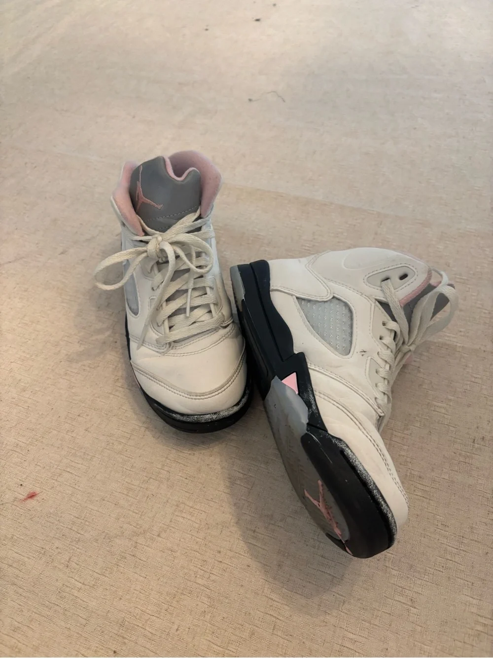 Kids White and Pink Jordan Retro 5 High-Top Athletic Sneakers